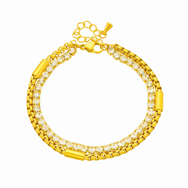 Creative diamond tennis chain two layer stainless steel bracelet
