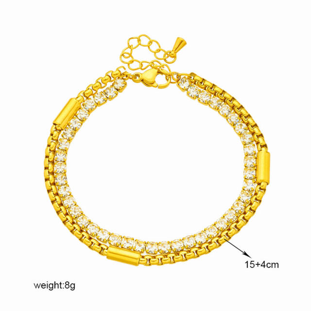 Creative diamond tennis chain two layer stainless steel bracelet