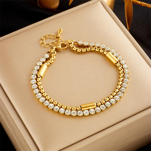 Creative diamond tennis chain two layer stainless steel bracelet