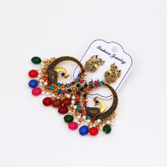 National trend colorful bead tassel peacock dangle earrings