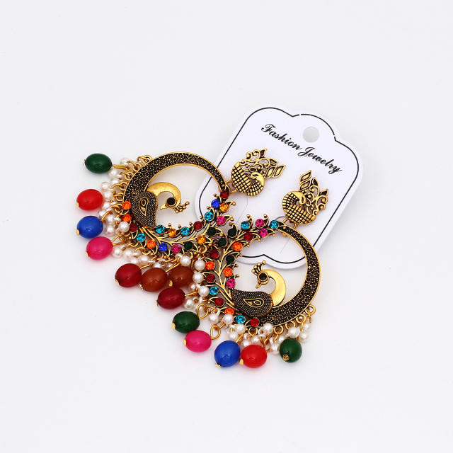 National trend colorful bead tassel peacock dangle earrings
