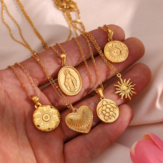 INS easy match sun coin heart pendant stainless steel necklace
