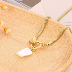 Hiphop stainless steel chain baroque pearl pendant necklace
