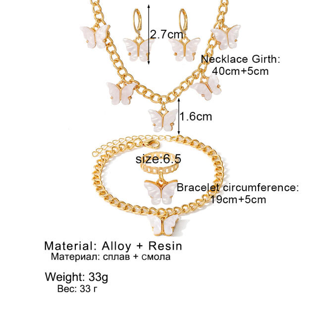 Creative white acrylic buttefly chain necklace bracelet earrings set