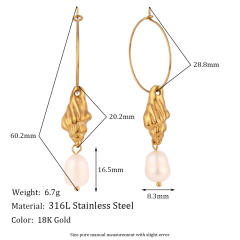18KG water pearl drop shell design hoop stainless steel earrings rings