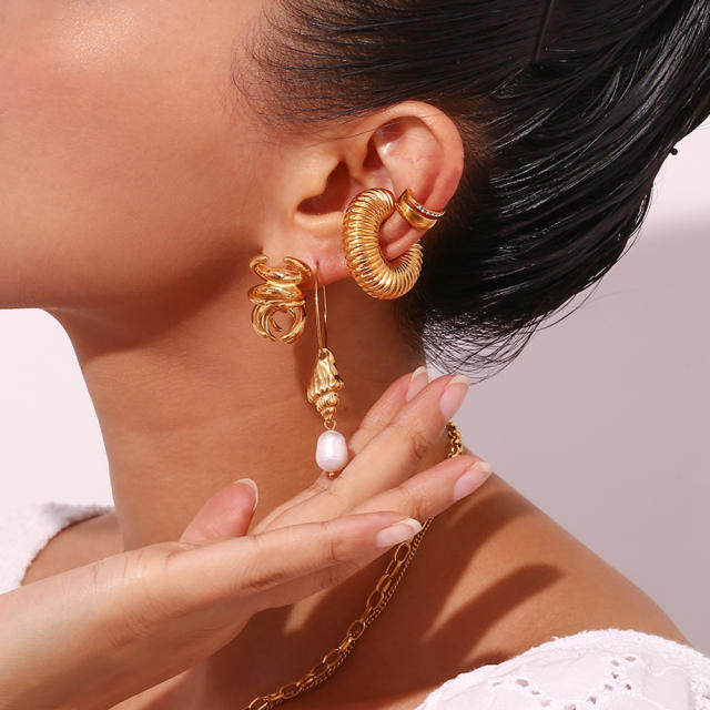 18KG water pearl drop shell design hoop stainless steel earrings rings