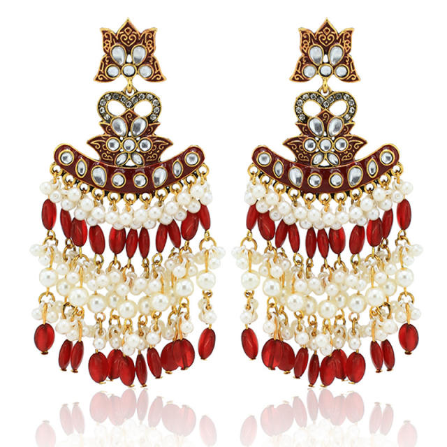 Vintage boho red colorful bead tassel indian earrings