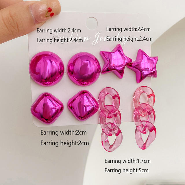 925 needle Y2K colorful acrylic chain heart earring set