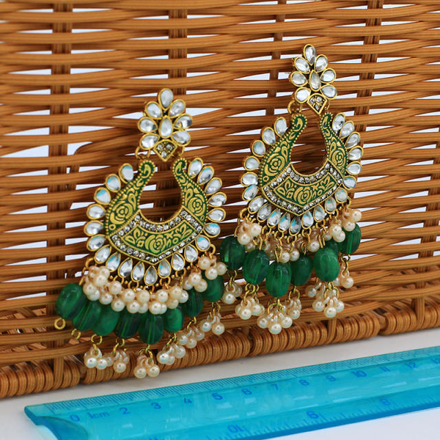 Boho green color bead tassel alloy indian earrings