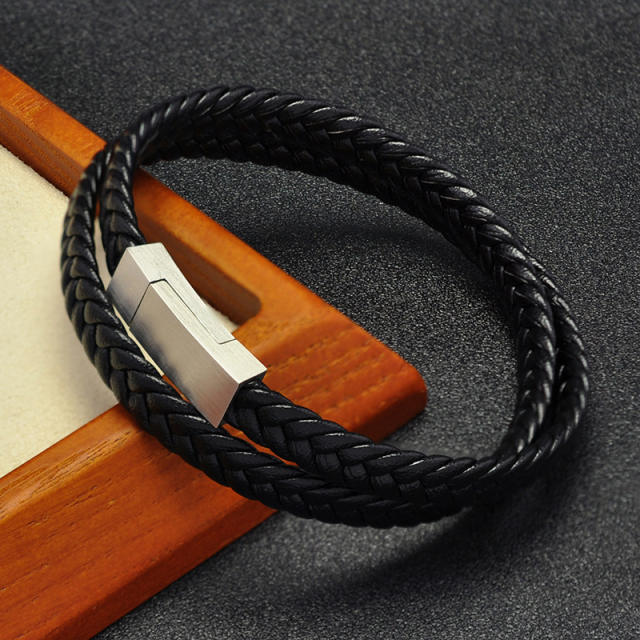 Two layer braid pu leather men bracelet