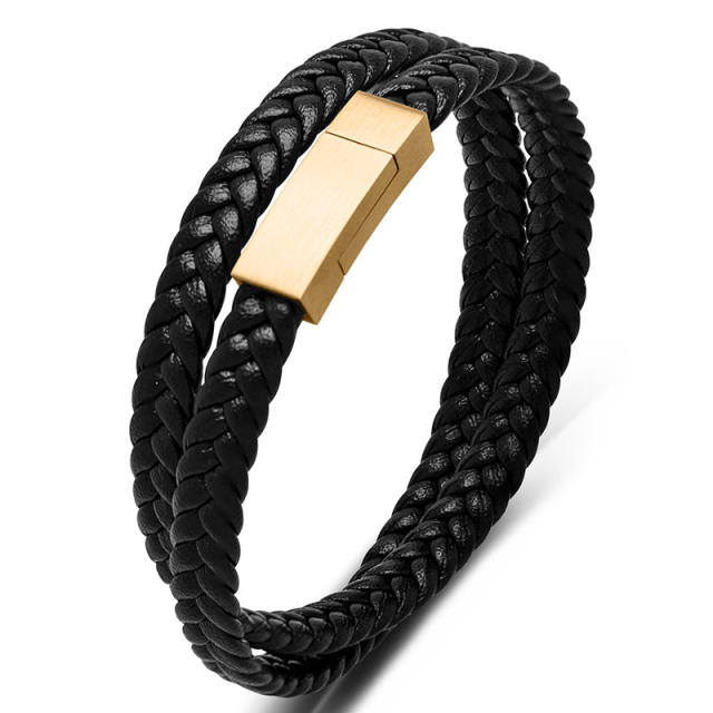Two layer braid pu leather men bracelet
