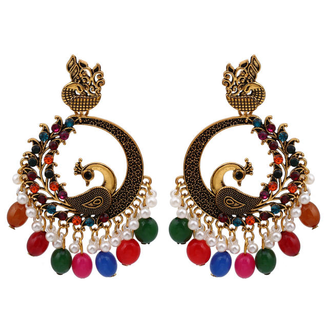 National trend colorful bead tassel peacock dangle earrings