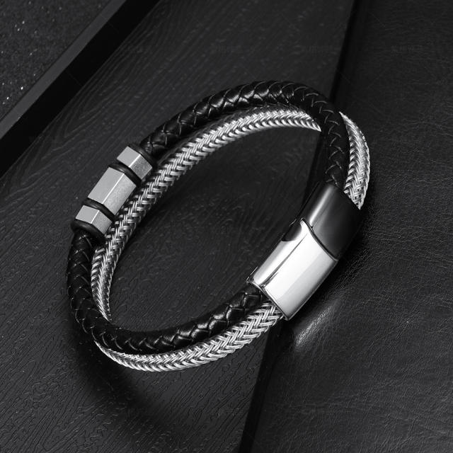 Popular stainless steel braid leather two layer bracelet for men