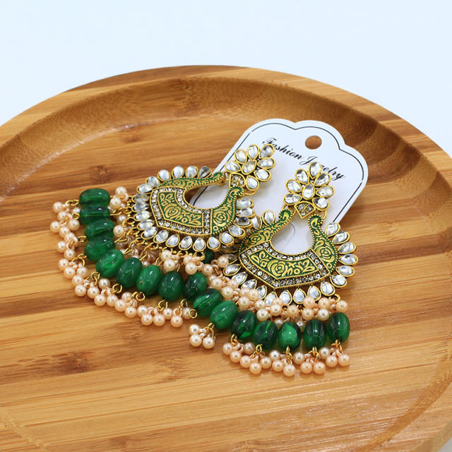 Boho green color bead tassel alloy indian earrings