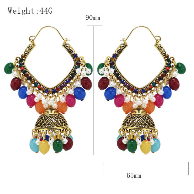 Vintage boho colorful bead tassel dangle hoop earrings