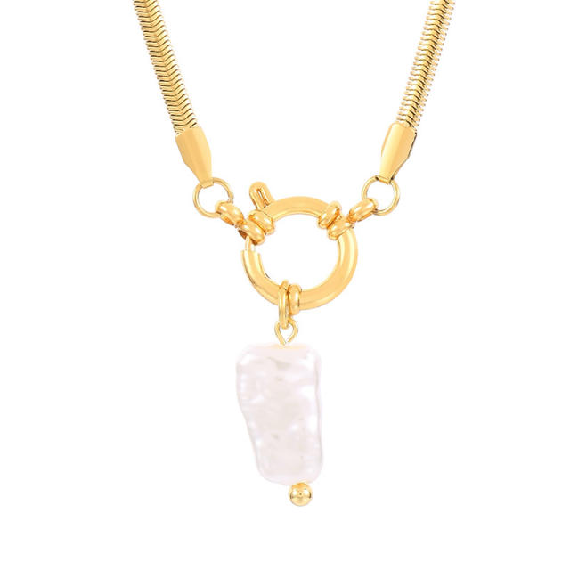 Hiphop stainless steel chain baroque pearl pendant necklace