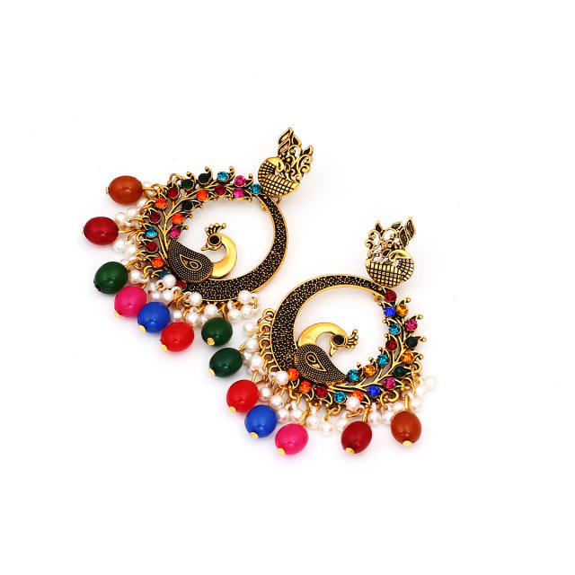 National trend colorful bead tassel peacock dangle earrings