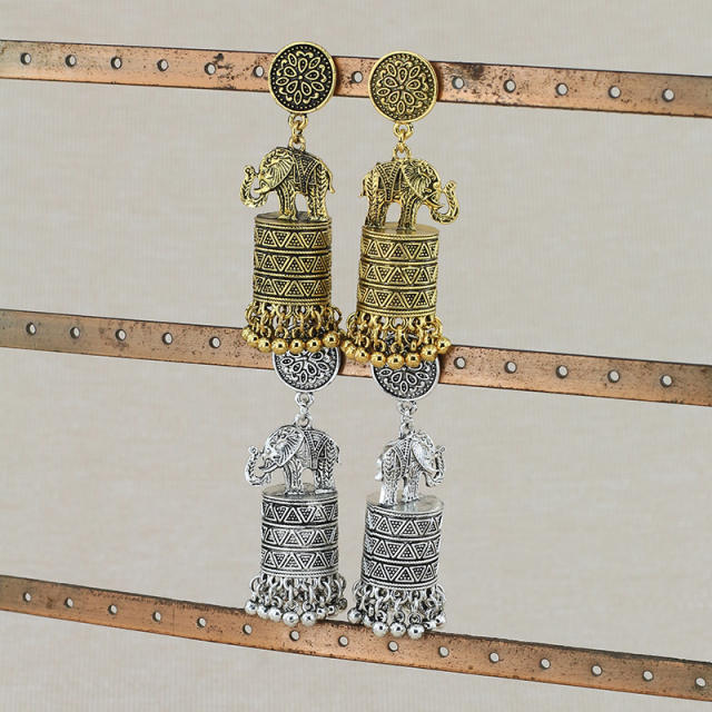 Vintage elephant metal tassel national dangle earrings