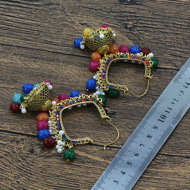 Vintage boho colorful bead tassel dangle hoop earrings