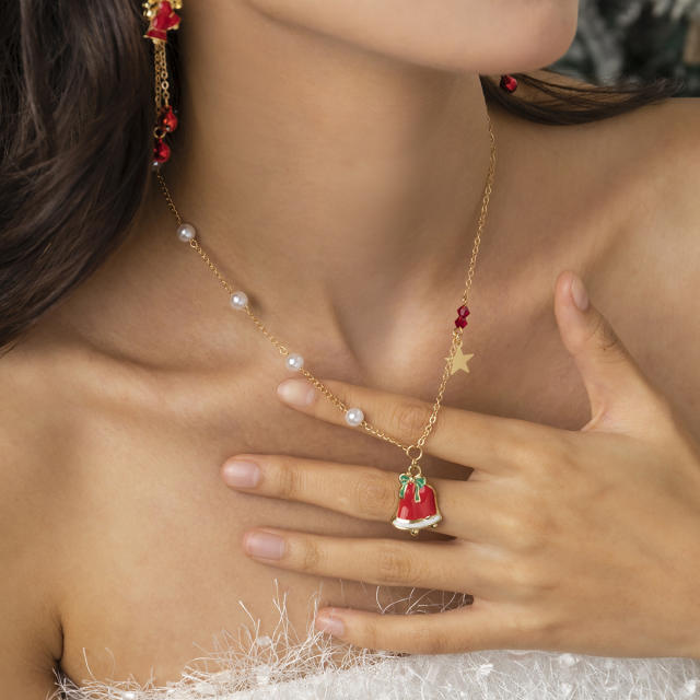 Concise imitation pearl bead enamel christmas necklace for women