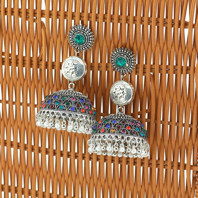 Vintage silver color enamel flower dangle indian earrings