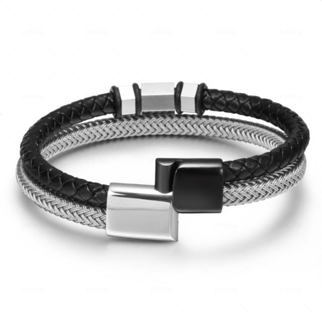 Popular stainless steel braid leather two layer bracelet for men