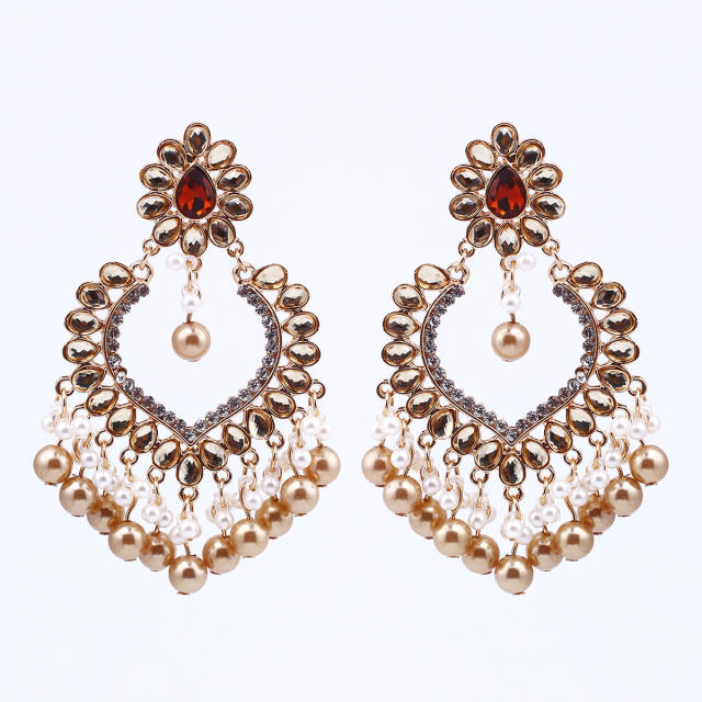 Delicate rhinestone crystal pearl bead tassel dangle earrings