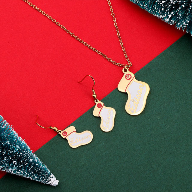 Cute christmas sock pendant stainless steel necklace earrings set