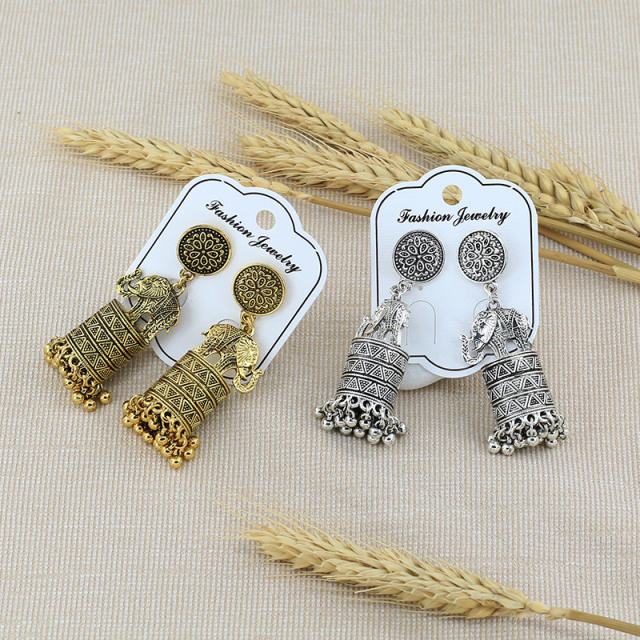 Vintage elephant metal tassel national dangle earrings
