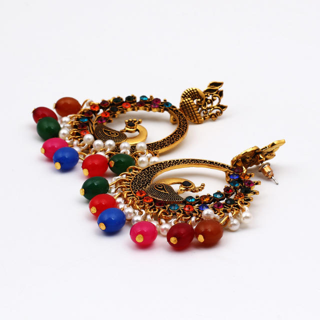 National trend colorful bead tassel peacock dangle earrings