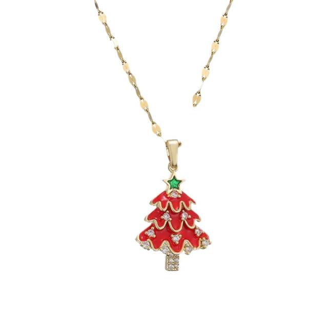 Dainty red enamel christmas tree pendant stainless steel chain necklace