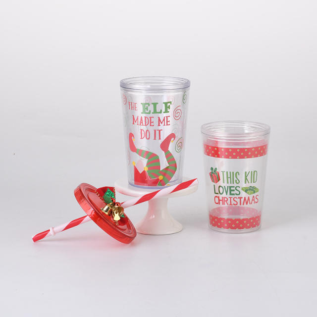 Merry christmas gift two layer plastic cups with straws
