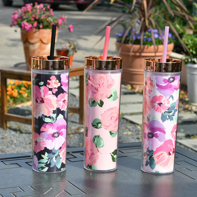 Popular flower pattern SKINNY bottle with straws