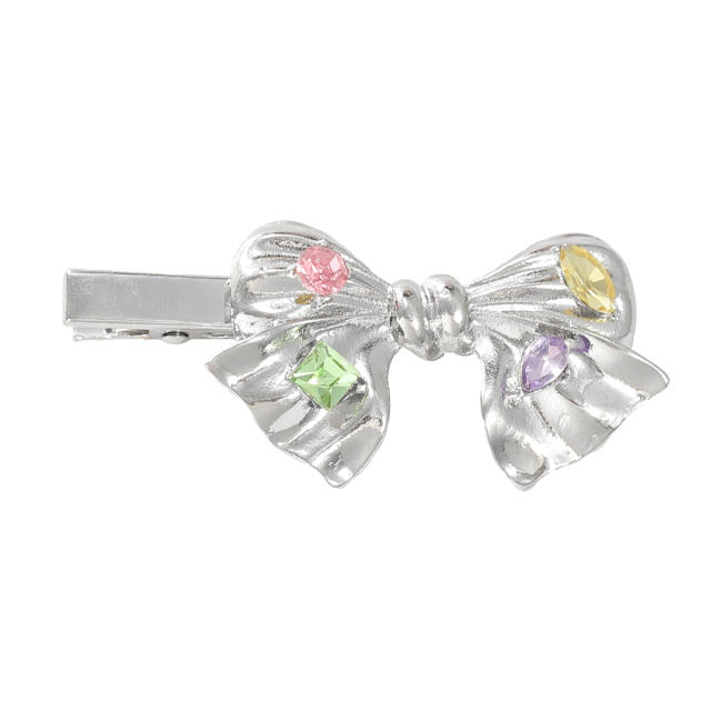 Y2K silver color bow rhinestone hair clips for women