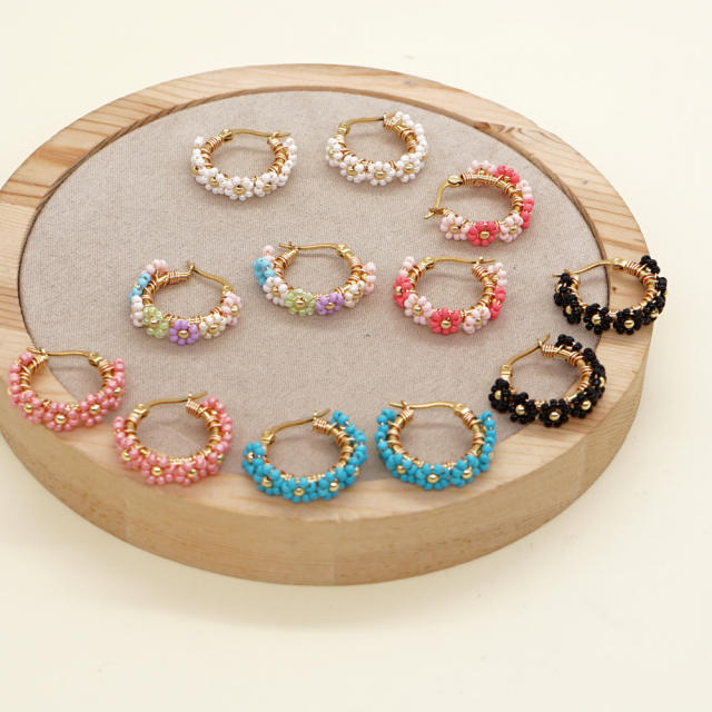 Boho colorful bead braid flower hoop earrings for women