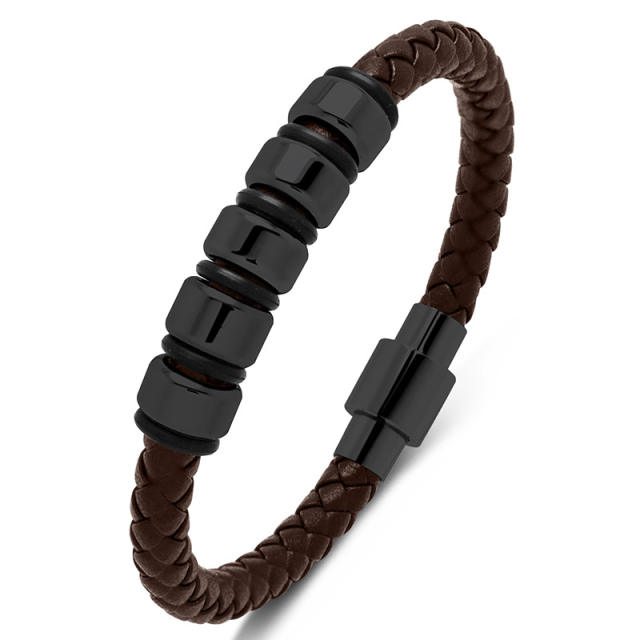 Hiphop braid pu leather stainless steel rolling bead bracelet for men
