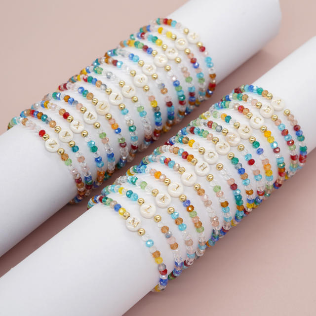 Boho colorful crystal bead shell initial letter bracelet