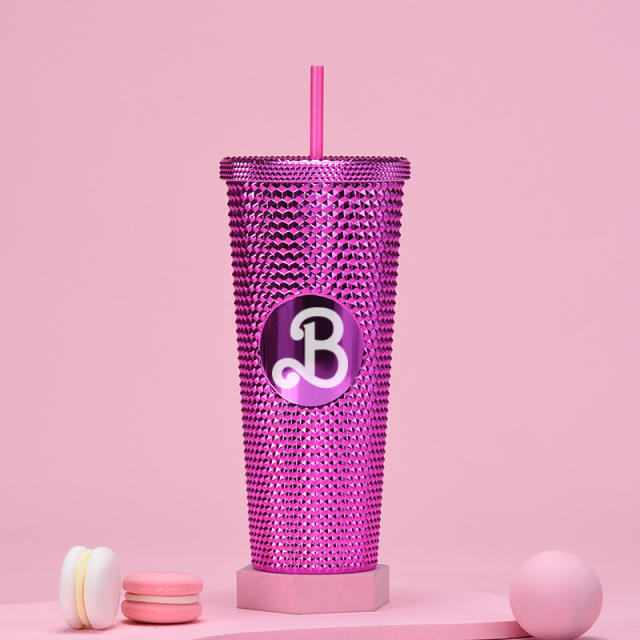 710ml creative barbie pink large capacity plastic bottle with straws