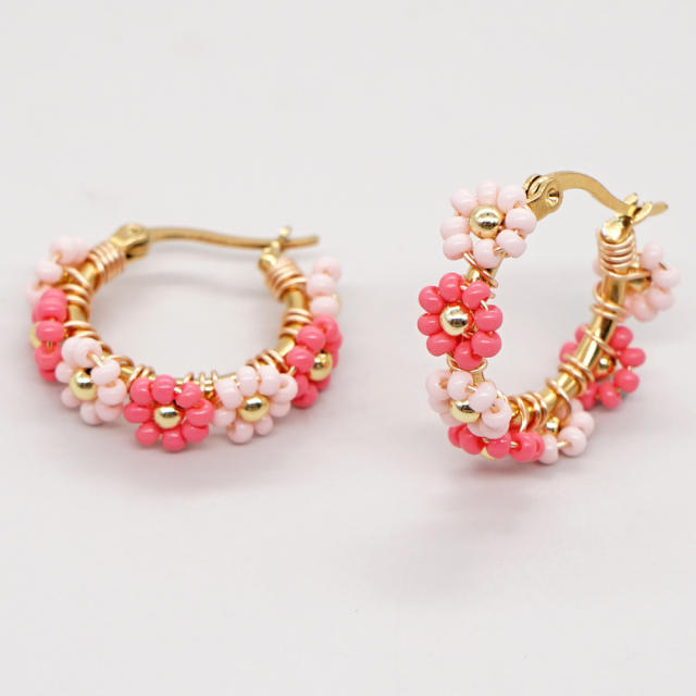 Boho colorful bead braid flower hoop earrings for women