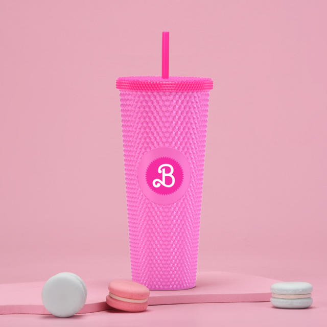 710ml creative barbie pink large capacity plastic bottle with straws