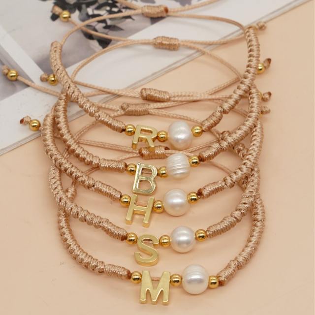 Boho natural pearl bead initial letter braid bracelet friendship bracelet