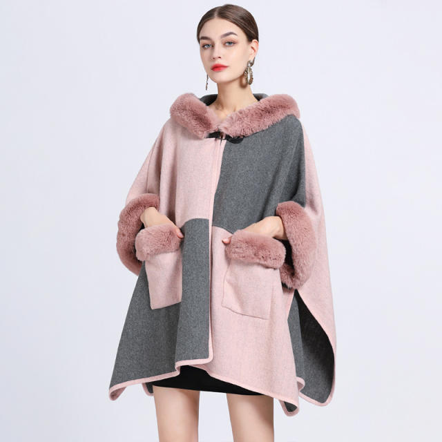 Winter warm imitation rabbit hair plaid pattern women shawl coat