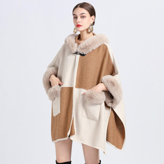 Winter warm imitation rabbit hair plaid pattern women shawl coat