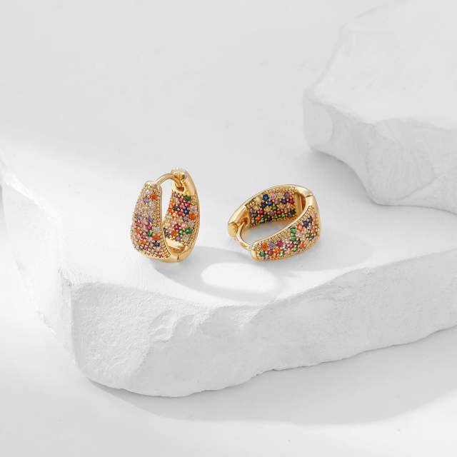 Delicate pave setting colorful rhinestone small hoop earrings