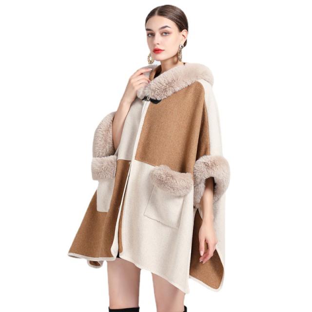 Winter warm imitation rabbit hair plaid pattern women shawl coat