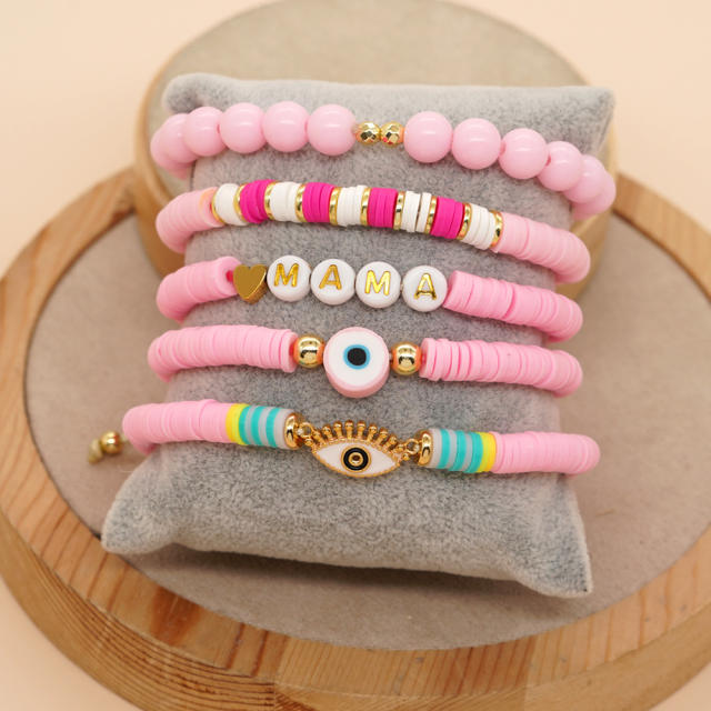 Sweet pink color clay bead mama letter bracelet set