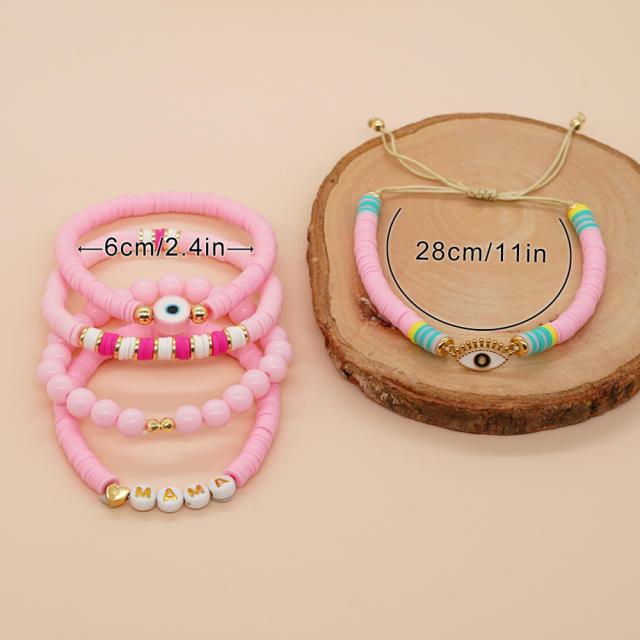 Sweet pink color clay bead mama letter bracelet set