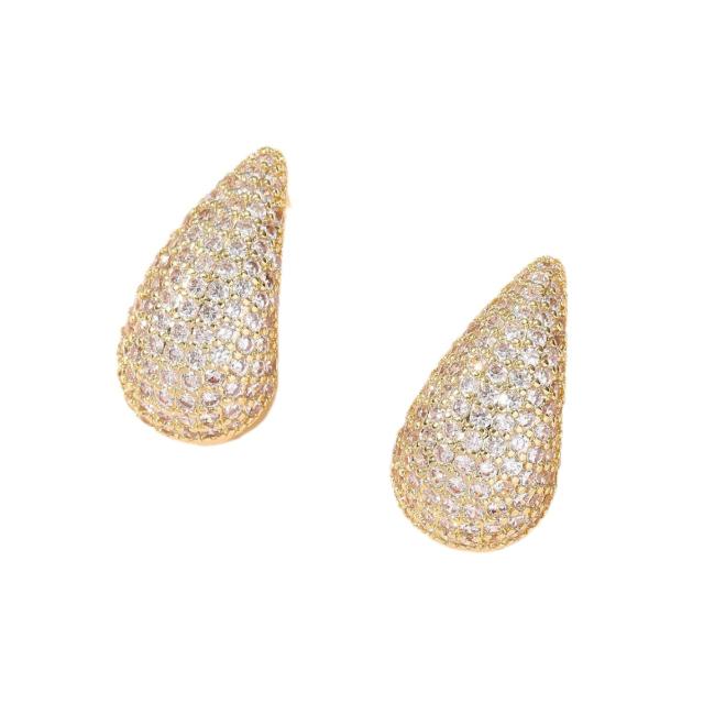 Delicate chunky tear drop pave setting rhinestone copper earrings