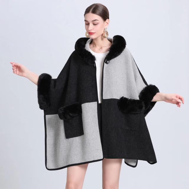 Winter warm imitation rabbit hair plaid pattern women shawl coat