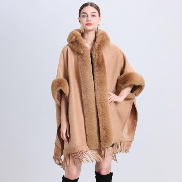 Warm winter fluffy collar loose design women shawl coat